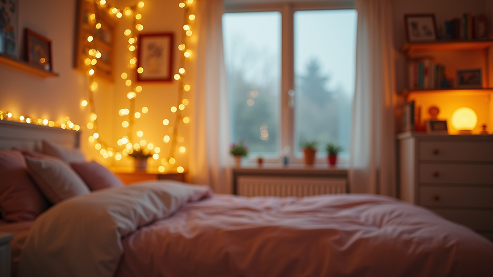 Eye-level view of a child’s bedroom softly lit with warm fairy lights