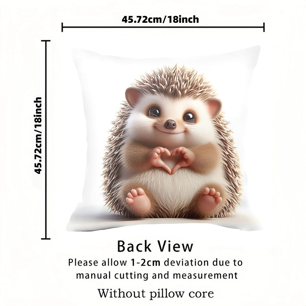 Adorable Hedgehog with Paws in a Heart Shape, Pillowcase. A cute design. Back View, dimensions, and text visible on image.