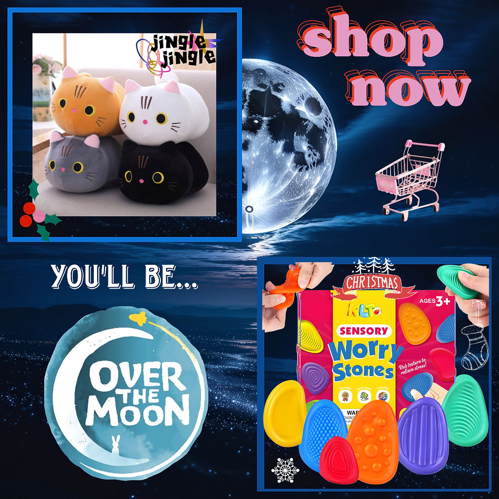 Huggable cat plushies with sensory worry stones nestled on a moonlit background