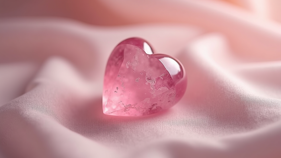 Eye-level view of rose quartz heart crystal on a soft fabric background