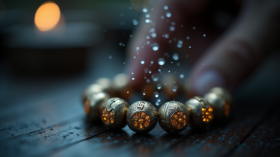 Close-up view of a money magnet bracelet being cleansed under moonlight