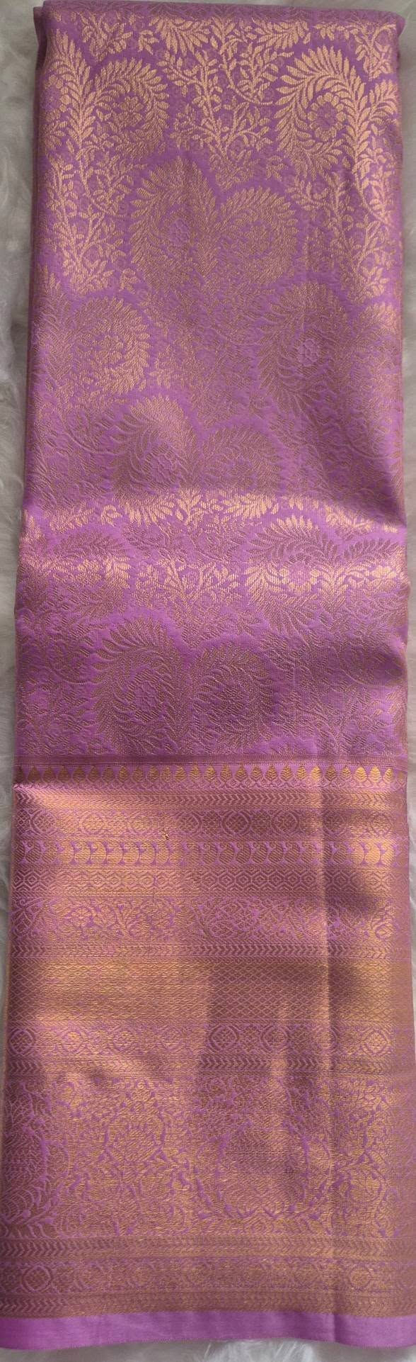 Thumbnail: Purple Kanchipuram semi silk saree with gold floral zari