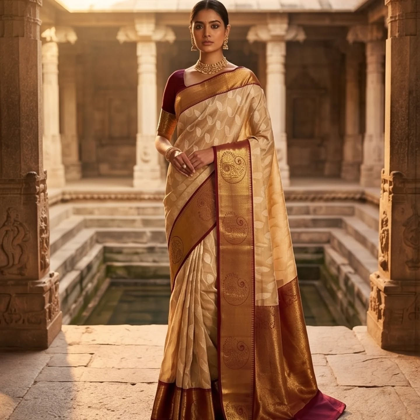 Bride in cream Kanchipuram saree for a wedding