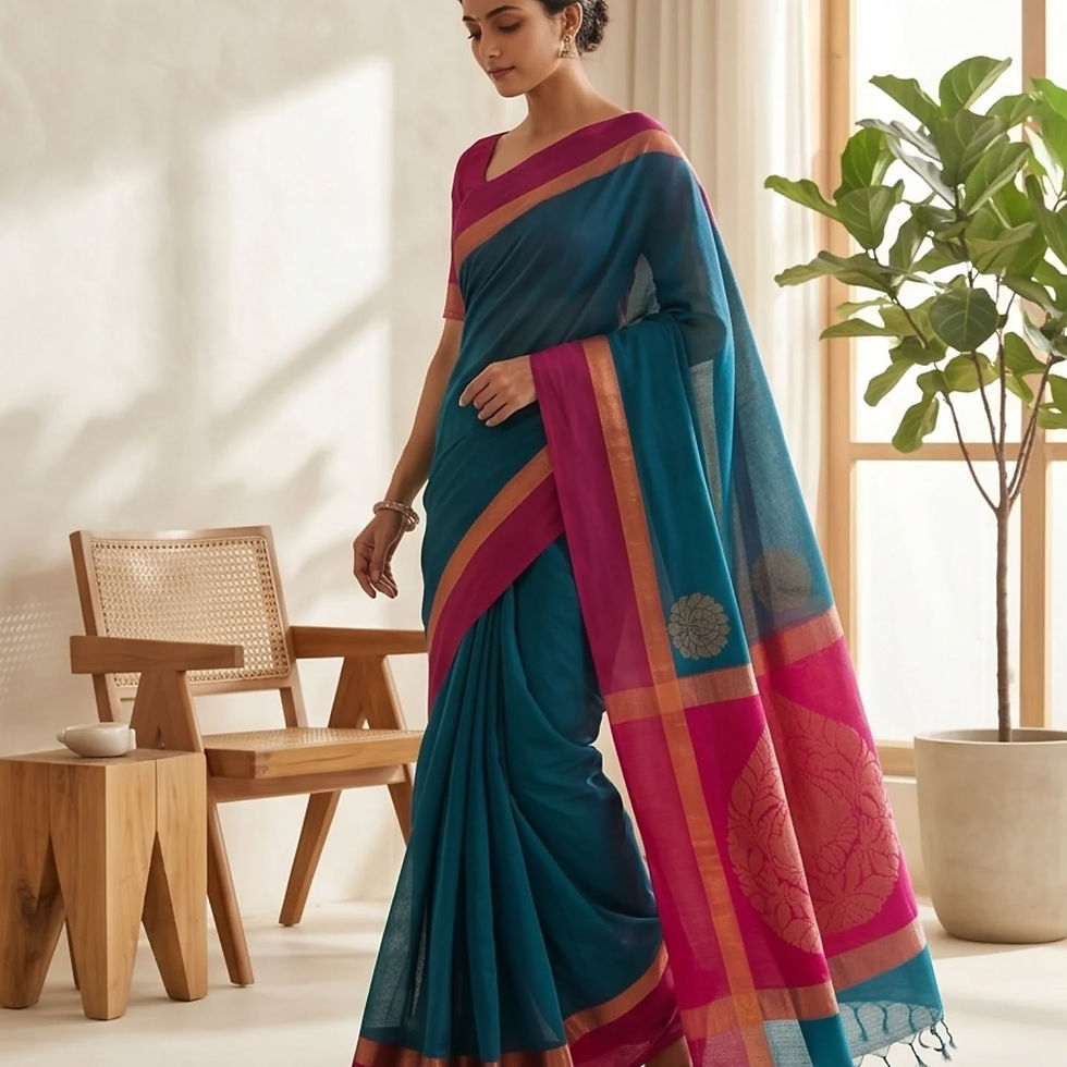 Woman wearing a teal cotton saree with pink borders.