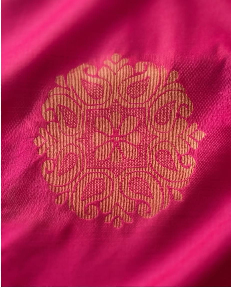 Thumbnail: Pink soft silk saree with golden mandala butta motif