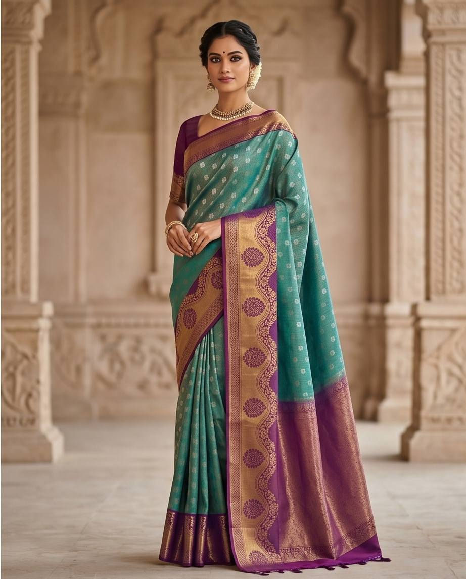 Woman in a teal and purple bridal saree with gold border