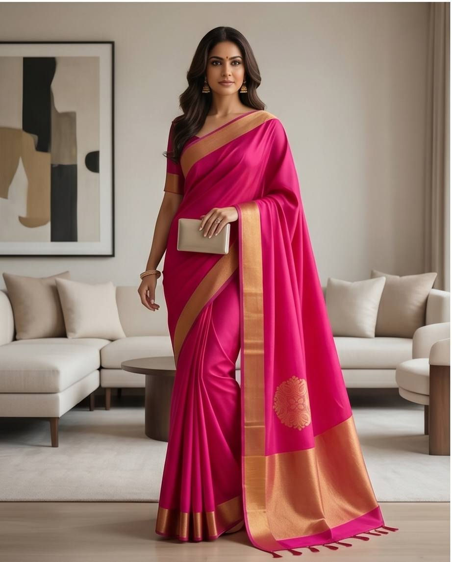 Woman in a pink soft silk saree with gold border