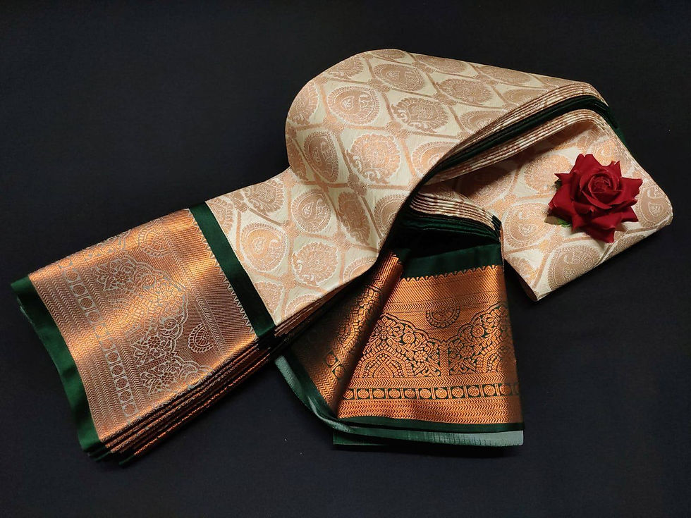 Thumbnail: Cream Kanchi semi silk saree with green and copper border