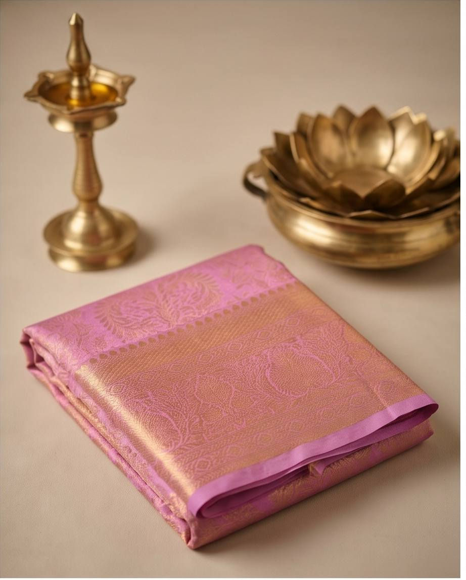 Folded pink Kanchipuram semi silk saree with gold border