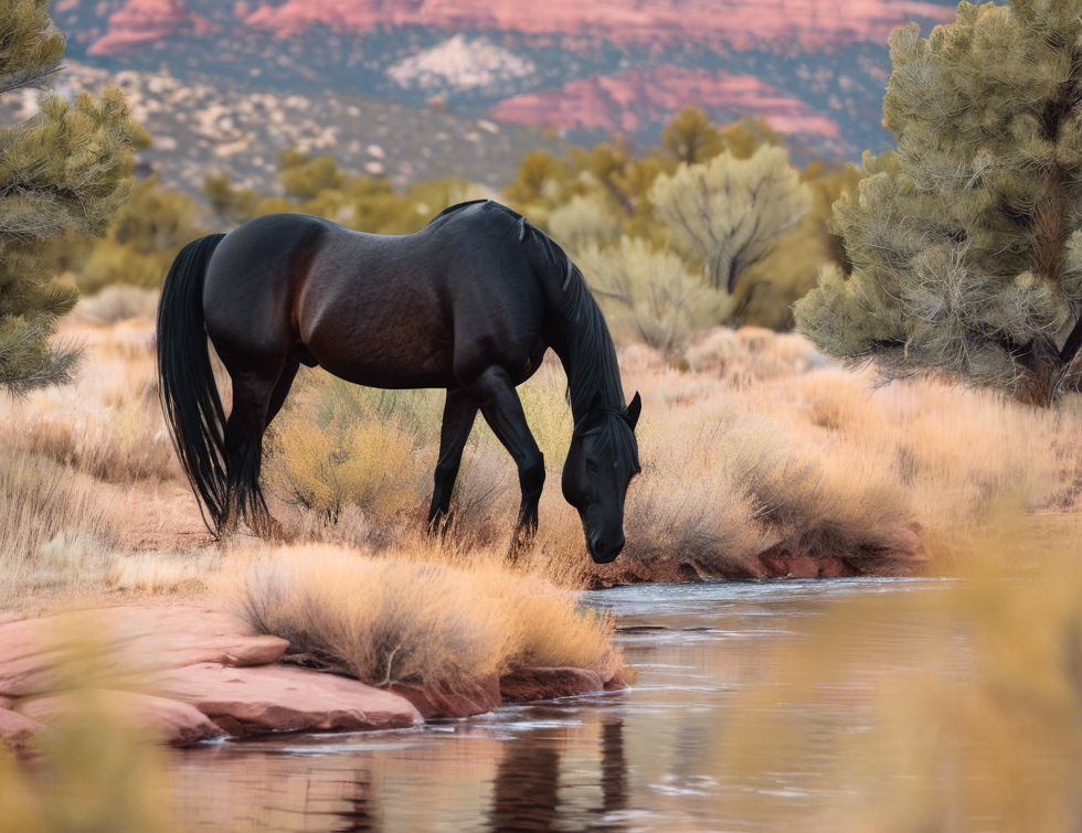 black horse in cedar city utah mountains with a little bit of snow, little bit of red rock