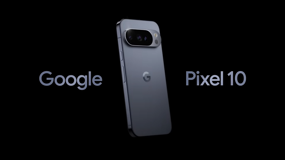 Sleek black Google Pixel 10 phone on a dark background. Visible text: "Google Pixel 10." The design is minimalist and modern.