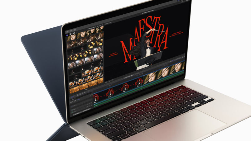 Laptop displaying video editing software with a project titled "MAESTRA" in bold red text. Clips of a conductor are visible on the screen.