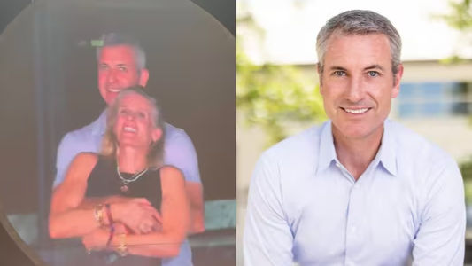 A split image shows a smiling couple hugging at night, and a man in a light blue shirt outdoors by a building during the day.
