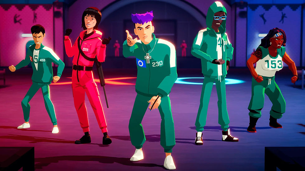 Five animated characters in colorful tracksuits and a pink outfit strike dynamic poses in a lit arena with a playful atmosphere. Numbers visible.