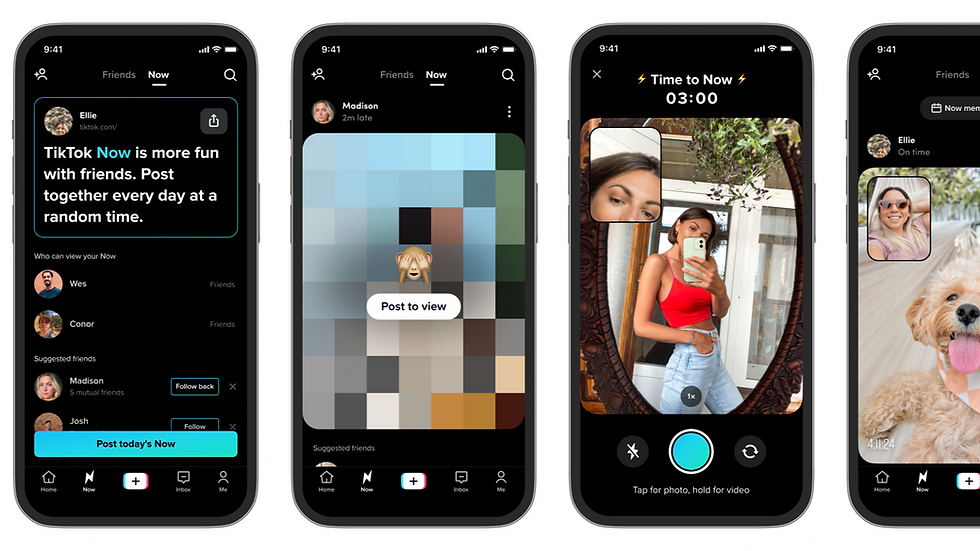 Four smartphone screens display a social media app. Features include blurred images, a timer, and prompts to post daily. Text highlights TikTok Now.