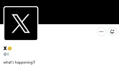Black and white X logo with a verified badge, @X handle. Text reads "what's happening?!" on a minimalist white and black background.