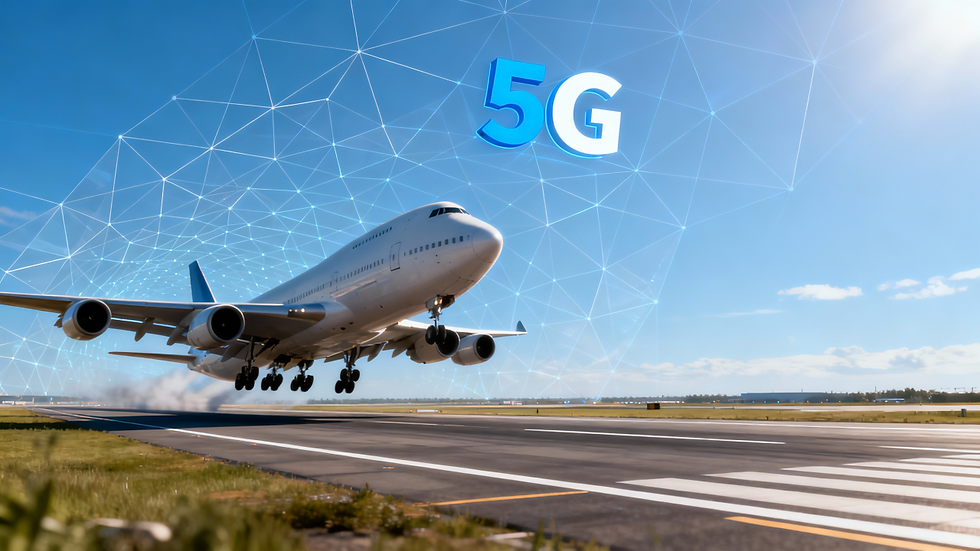 Airplane lands on runway under clear blue sky with "5G" text. Network lines in the sky suggest connectivity.