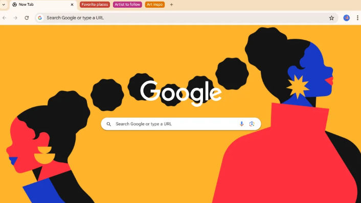 Stylized Google homepage with colorful illustrations of two women in profile on an orange background. Search bar in the center.