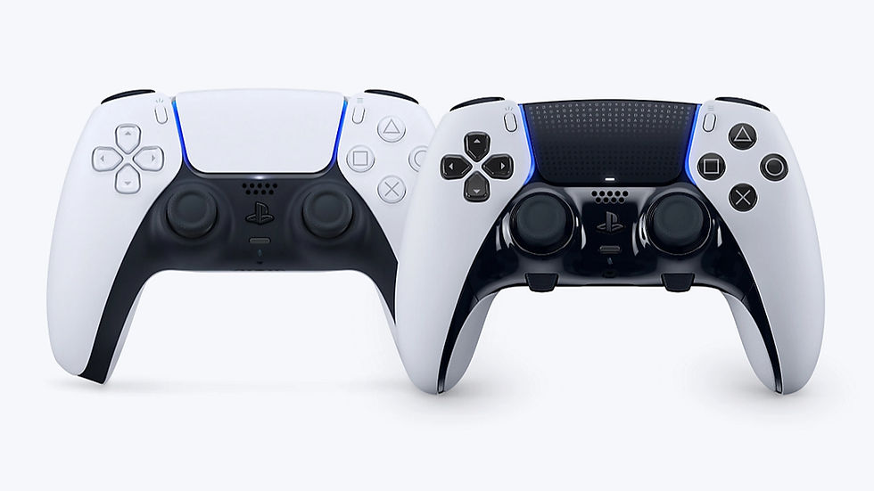 Two PlayStation 5 controllers in white and black, side by side on a gray background. Blue accents and PlayStation logo visible.