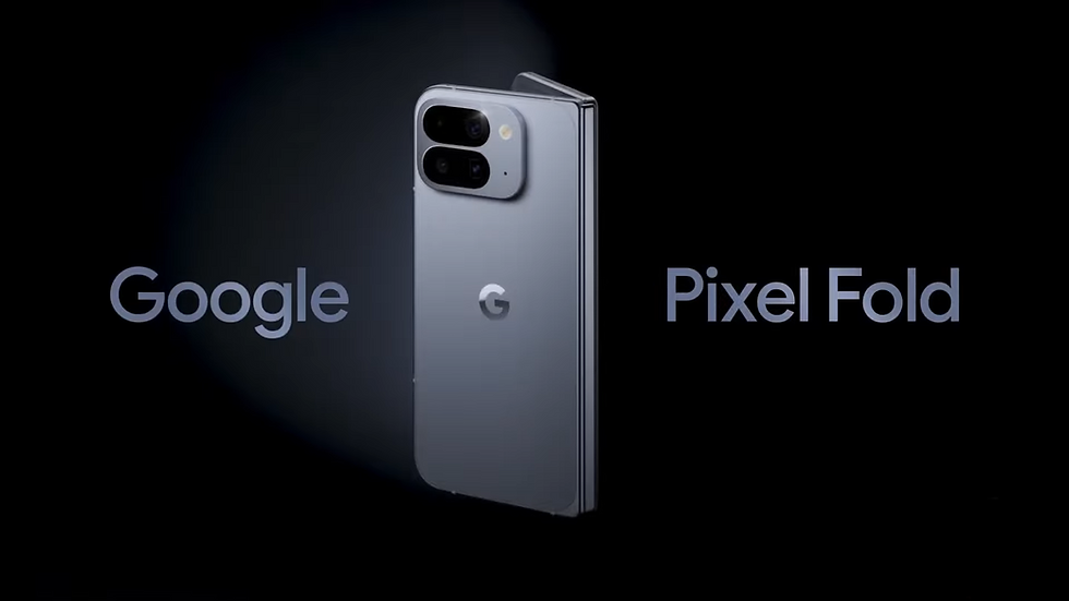 Google Pixel Fold phone in gray with dual cameras displayed against a dark background. Text: "Google Pixel Fold."