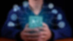 Person holds a glowing phone with "AI" text. Blue tech icons and neural lines surround, symbolizing artificial intelligence concepts. Dark background.