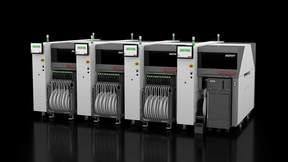 Four identical industrial machines with screens and cables, labeled "ASMPT," stand side by side on a reflective black surface.