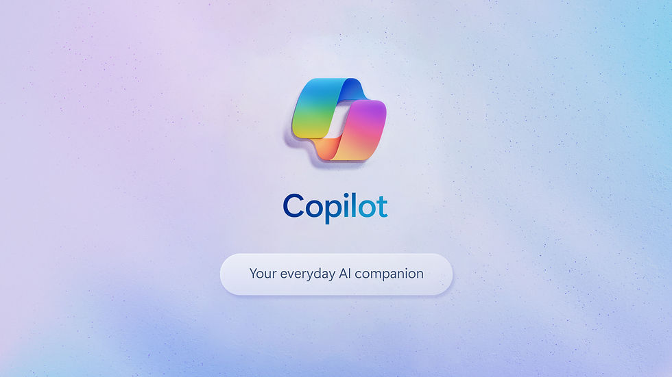 Colorful abstract logo with text "Copilot" on a soft gradient background. Below, text reads "Your everyday AI companion." Calm and modern.