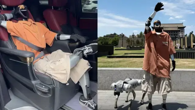 Robot dressed in orange shirt and beige shorts sitting in a car, then waving outside with a robotic dog. Sunny day, cityscape background.