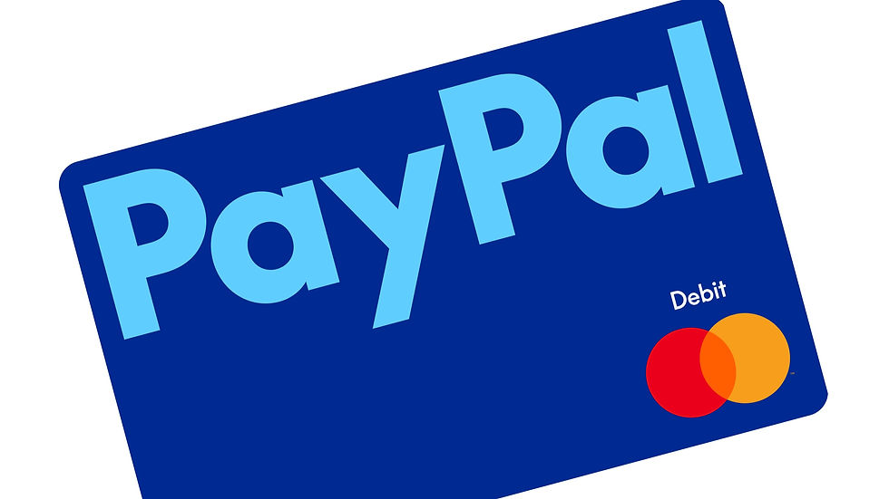 Blue PayPal debit card with large light blue text. Displays Mastercard logo in red and orange. Simple, bold design.