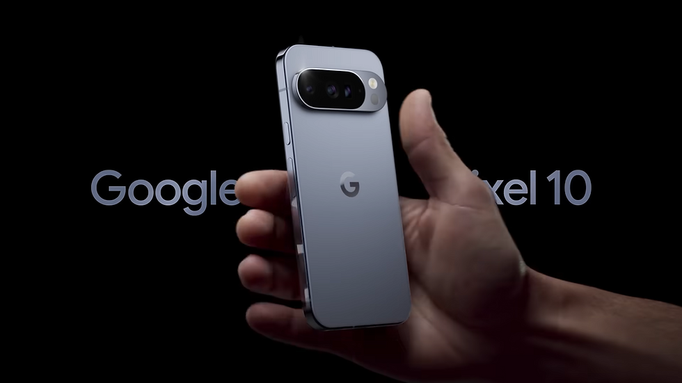 Hand holding a sleek, silver smartphone with dual cameras. "Google Pixel 10" text appears prominently against a black background.