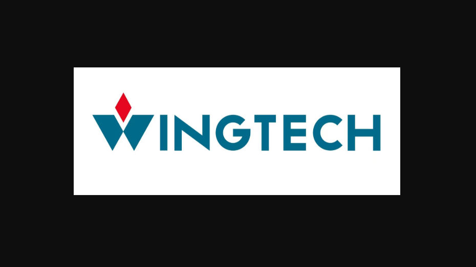 "WINGTECH" logo in bold blue letters with a red diamond shape above the "W" on a white background.