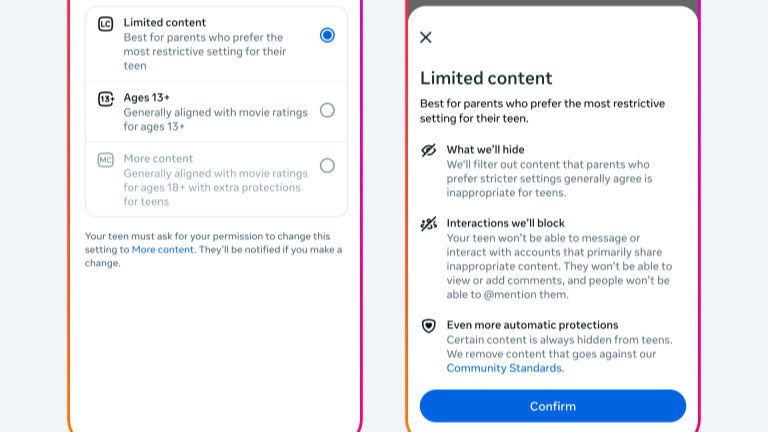 Two side-by-side panels of parental control settings on a digital platform. Left shows options with radio buttons; right details restrictions.