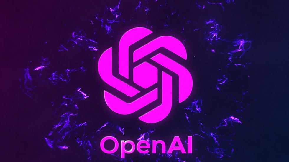 Purple and pink OpenAI logo with swirling electric patterns on a dark background. The word "OpenAI" is written below the logo.