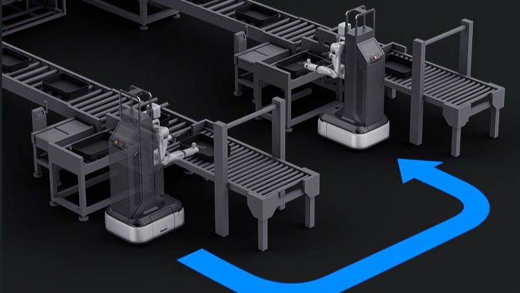 Robots transport items on conveyor belts in a dark setting. A bright blue arrow indicates direction. Industrial and automated mood.