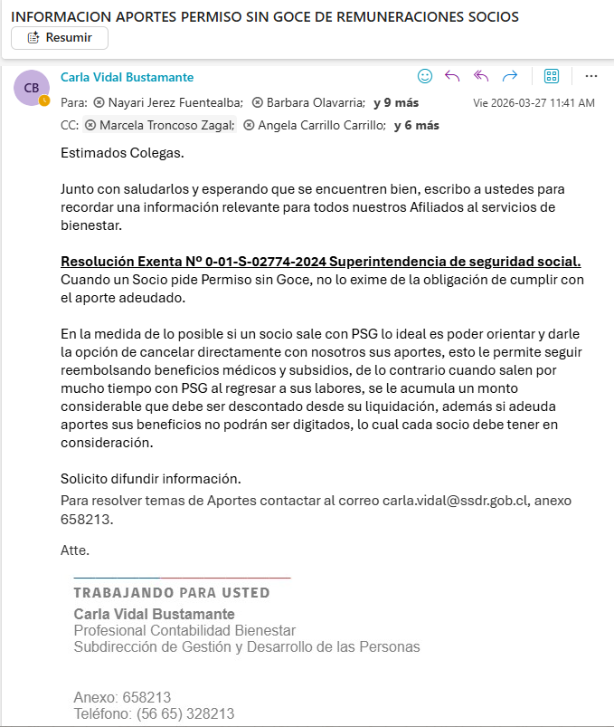 Información aportes permiso sin goce de remuneraciones socios de Bienestar 
