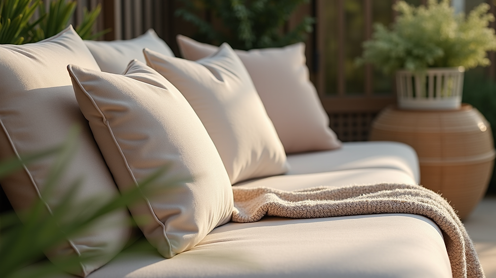 Close-up view of a cozy outdoor seating area with soft cushions and blankets
