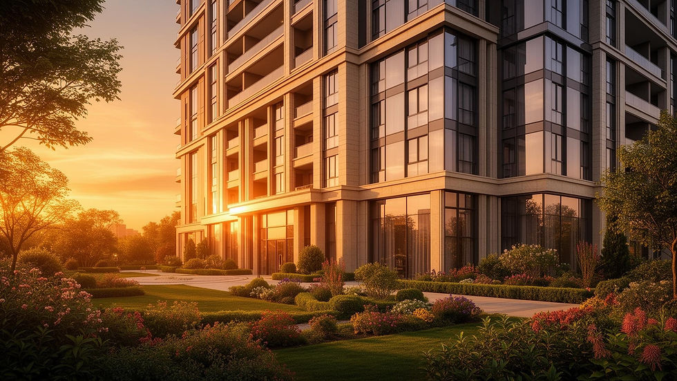 Modern apartment building exterior with landscaped grounds, representing property management and corporate housing in Abilene Texas