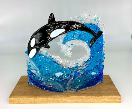 Orca Breaching over a wave made from fused glass