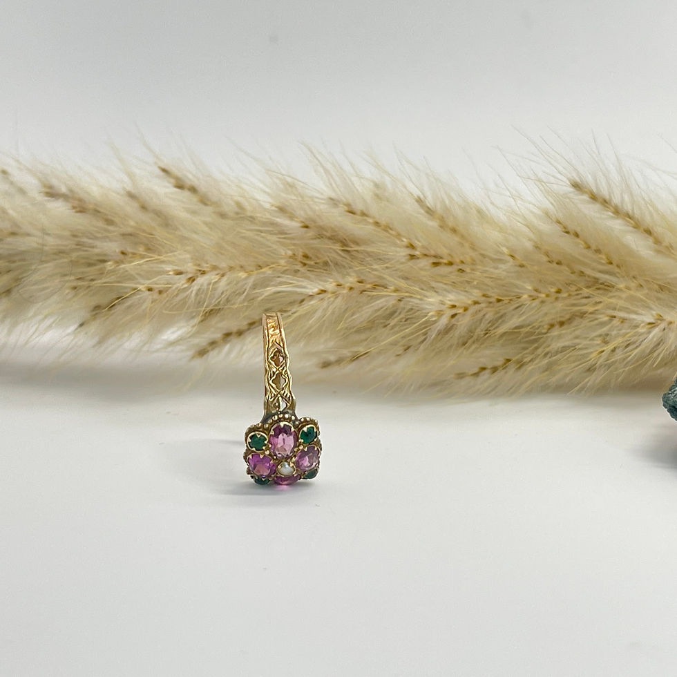 Thumbnail: 15Kt Vintage Rose Gold Emerald Amethyst & Seed Pearl 153 yrs old