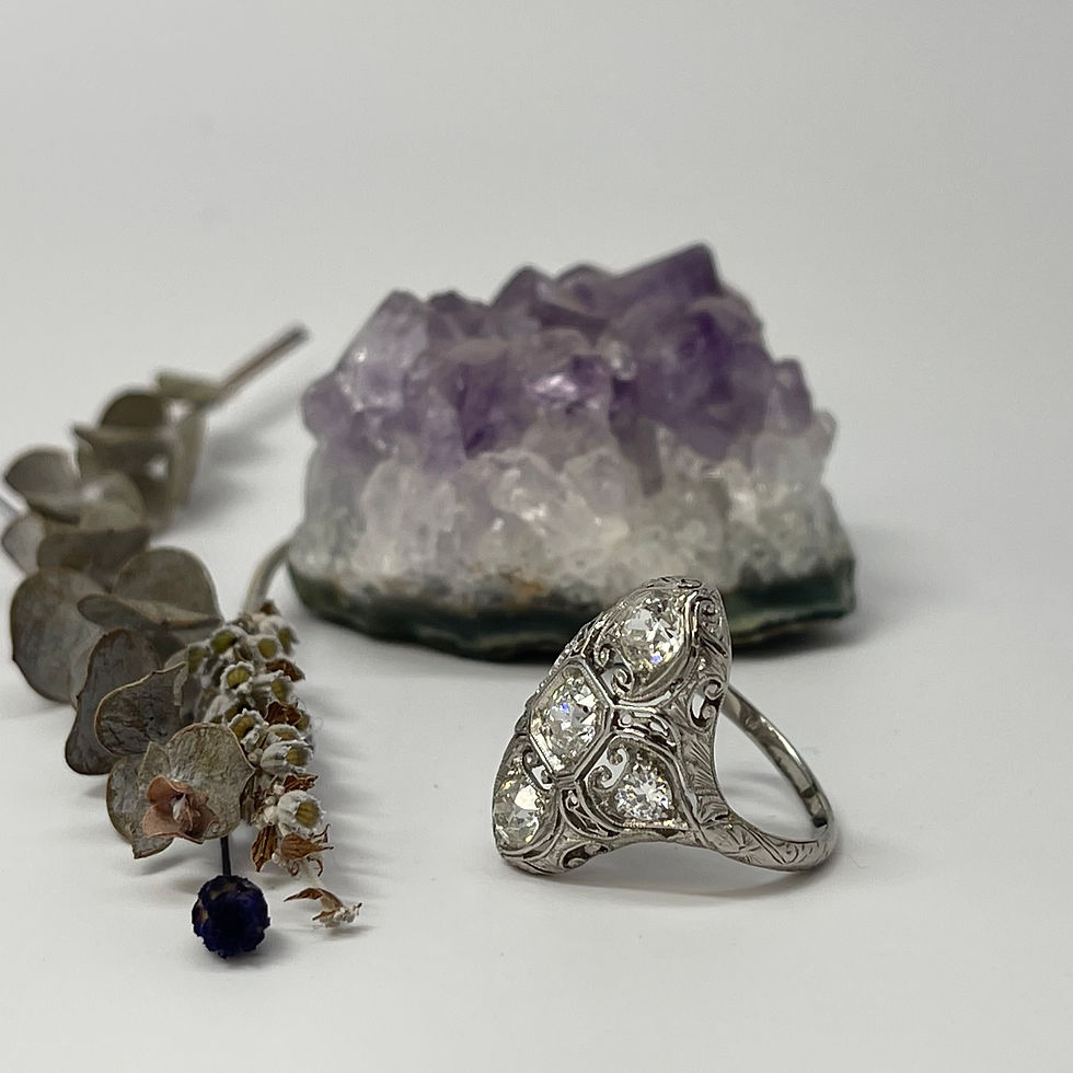 Thumbnail: Platinum and 18kt white gold Ladies Vintage Filagree 5 Stone Diamond Ring