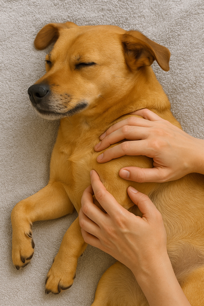 A golden dog lies on its right side, receiving a massage on its left shoulder, looking relaxed and happy. 