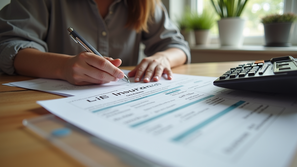 Eye-level view of a person reviewing life insurance documents at a kitchen table