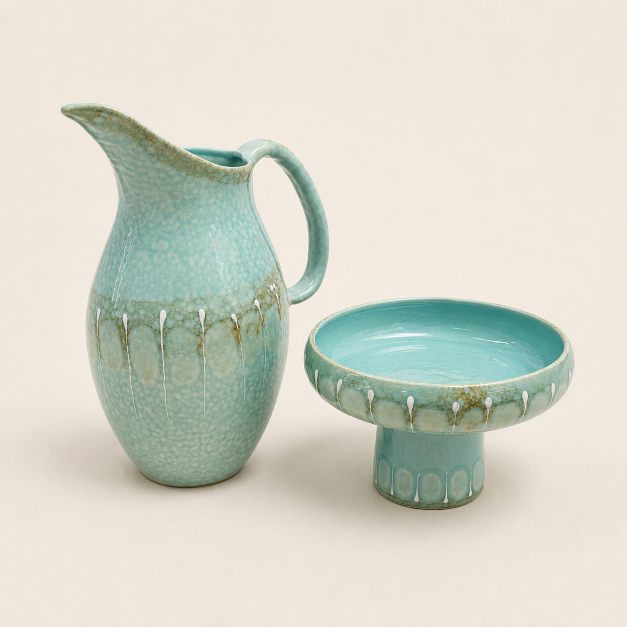 Handcrafted Celadon Glazed Ceramic Pitcher & Pedestal Bowl Set
