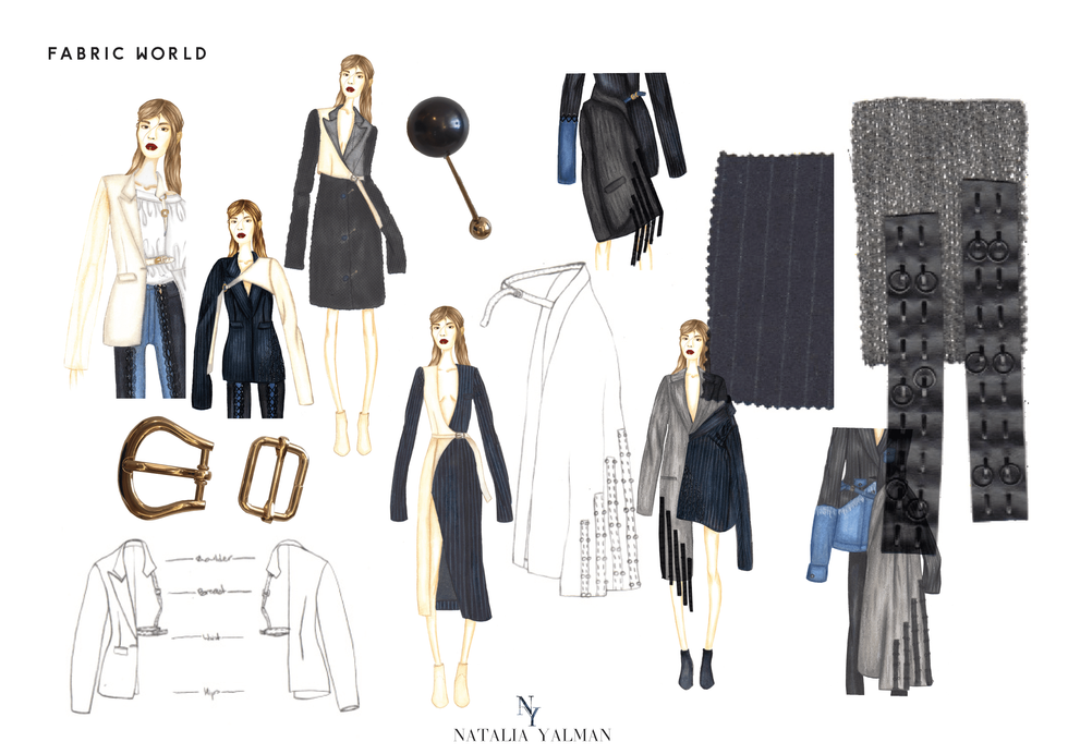a collection of fashion sketches by natalia yalman and hardware trims used in the collection
