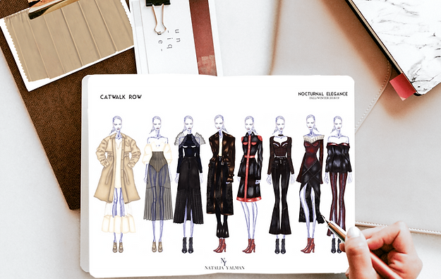 A womenswear fashion collection drawn on paper