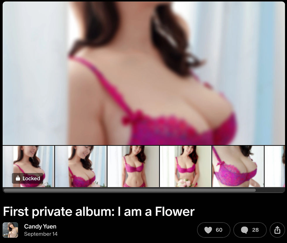Screenshot of Candy Yuen’s Patreon post “I am a Flower” showing locked lingerie photo album