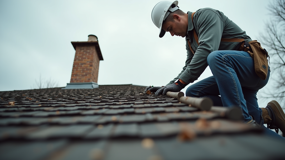 Eye-level view of a roofing contractor inspecting a residential roof