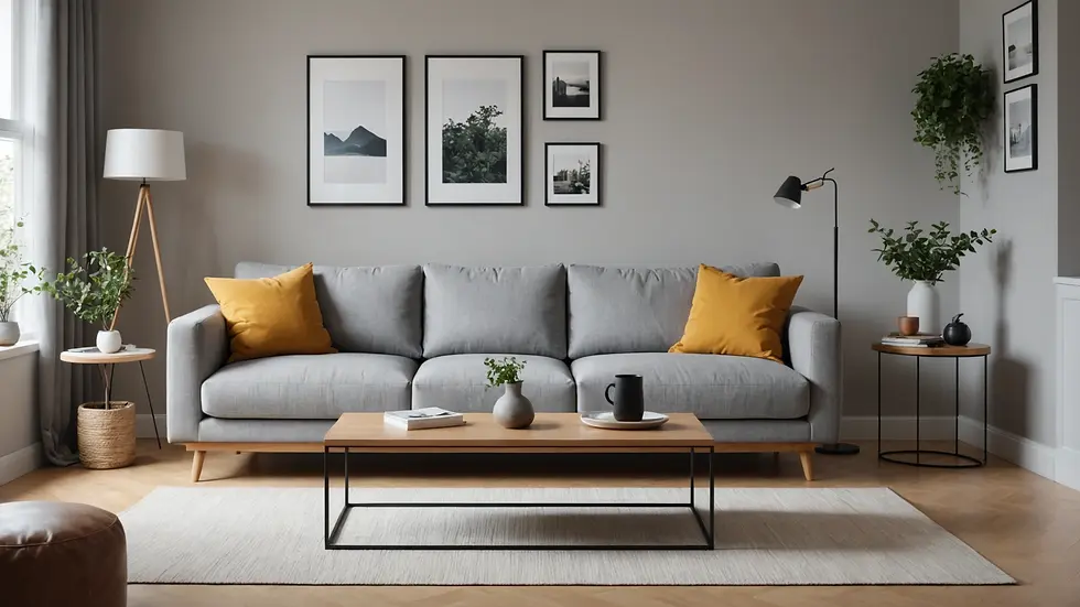Close-up view of a minimalistic living space featuring a sleek sofa and simple decor