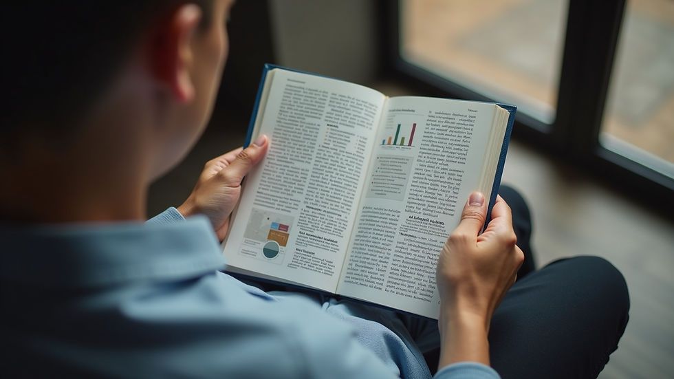 High angle view of a person reading a crypto investment guidebook