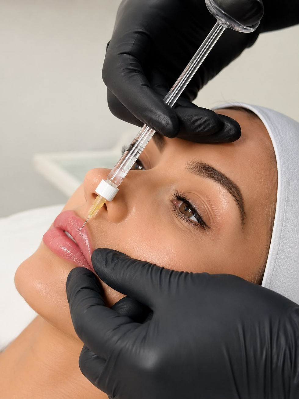 Qualified aesthetics practitioner performing a lip filler treatment using dermal filler injections